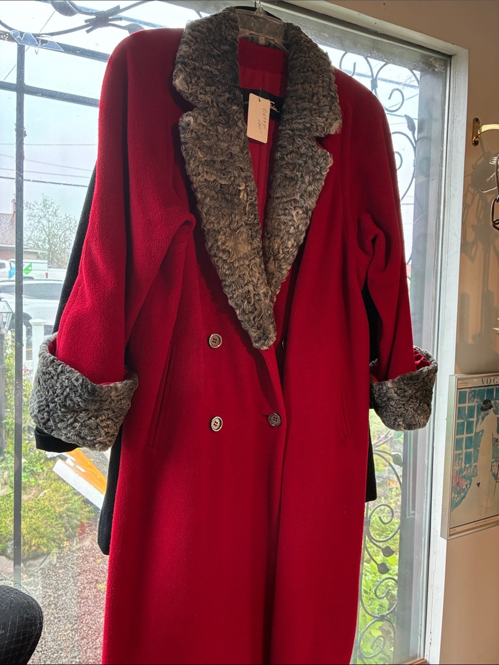 Classic Red Wool Coat with Genuine Fur Trim